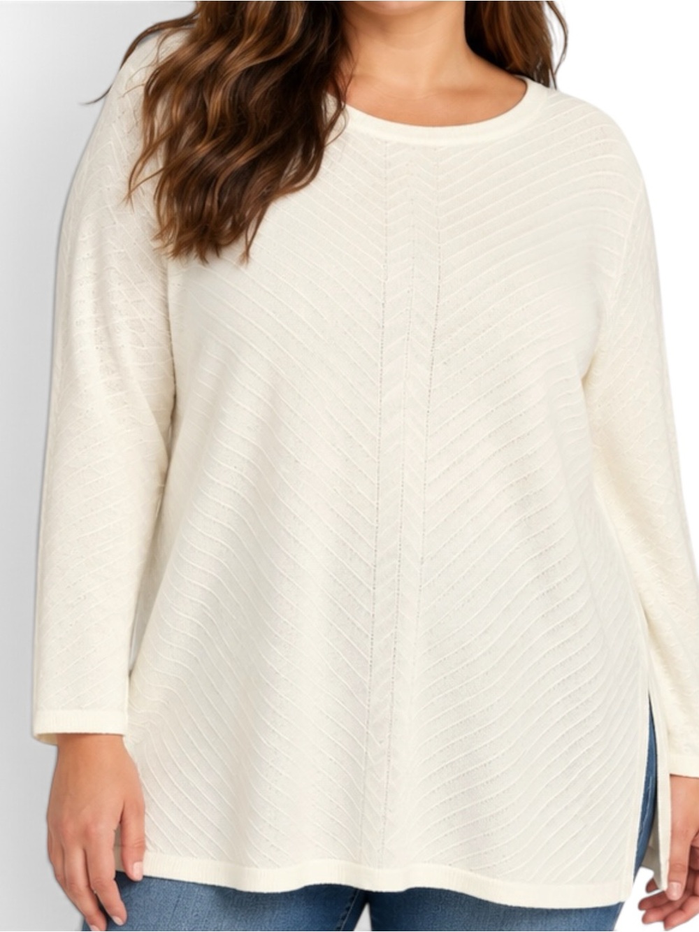 U-Knit Woman Sweater 2X Ivory Chevron Knit Tunic Plus Size NWT
